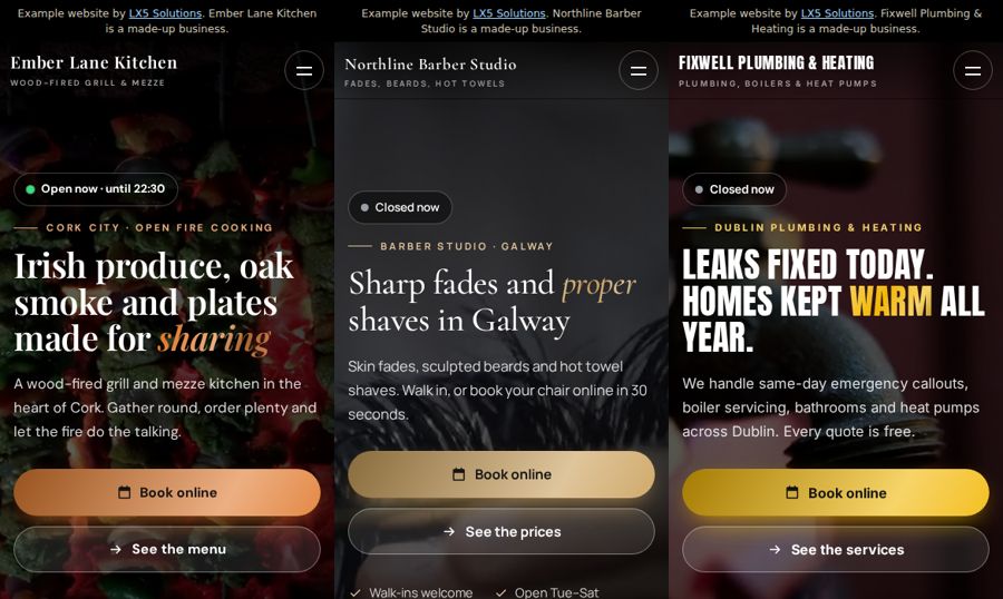 Three example websites built by the LX5 engine